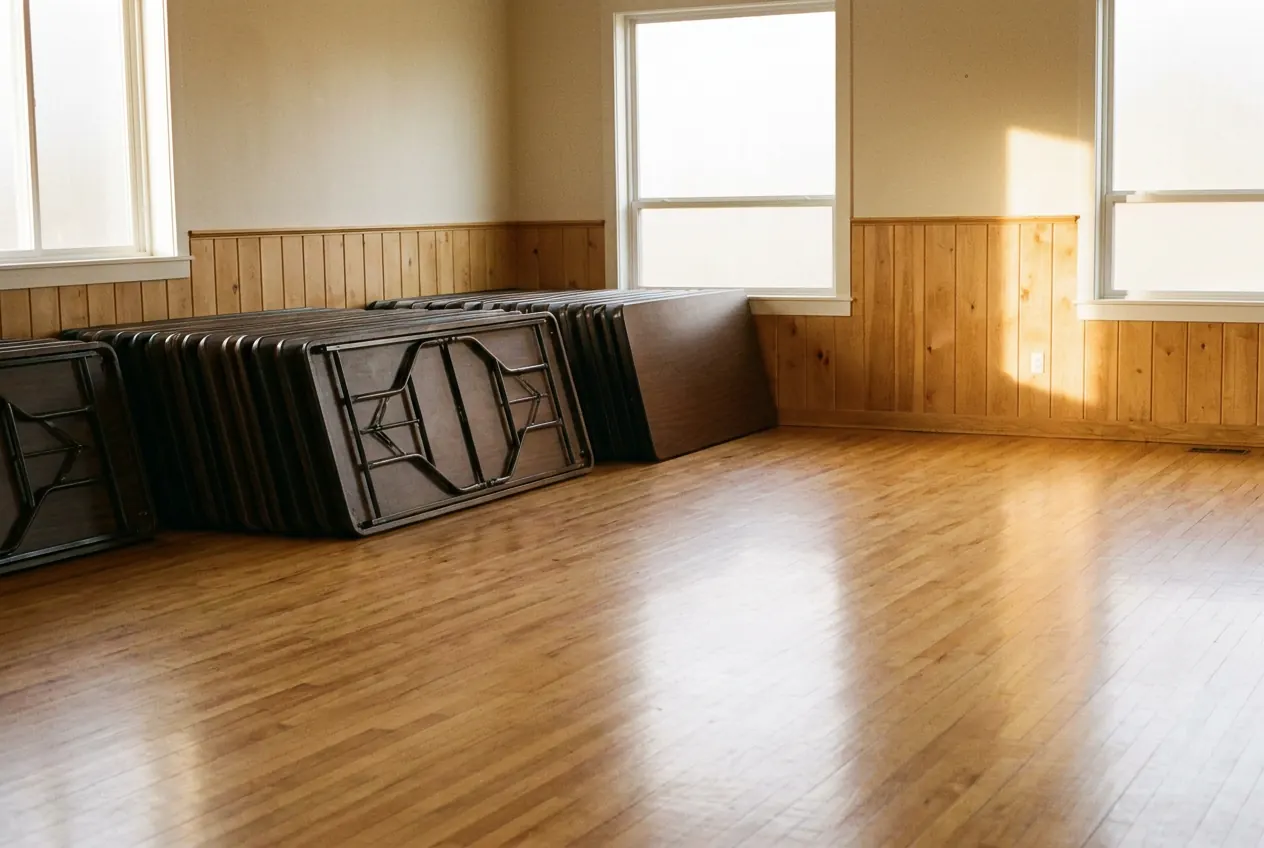 Church fellowship hall with a freshly buffed floor
