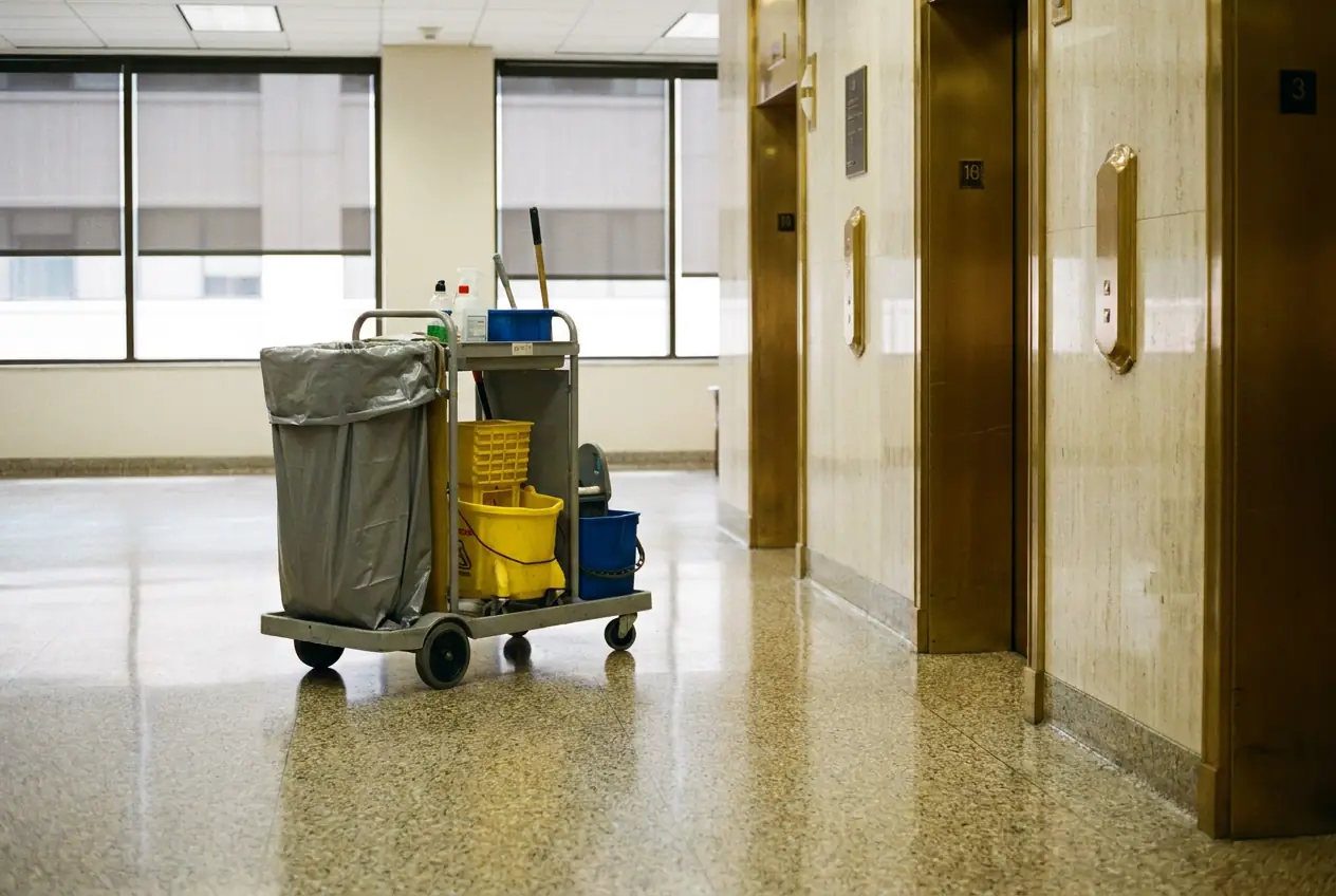 Daytime office lobby with a porter cart and polished terrazzo floor